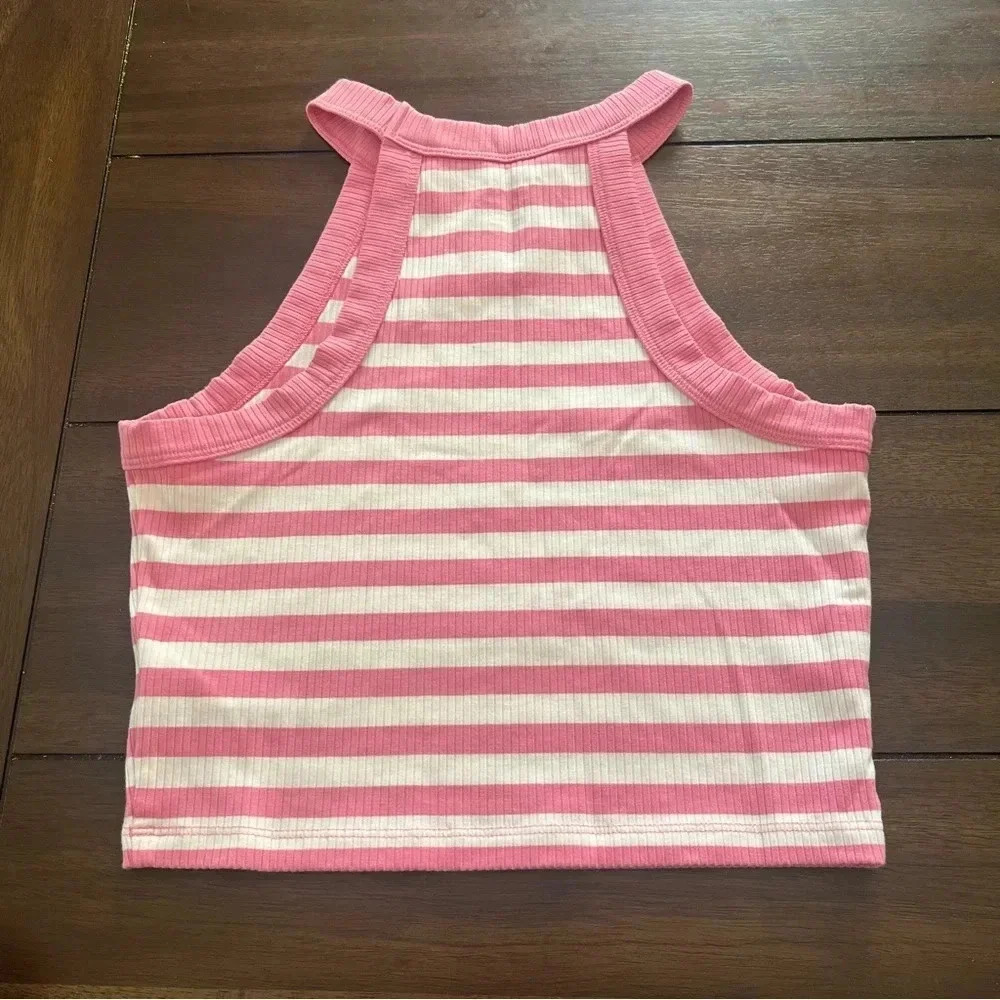 {American Eagle} Pink and White Striped Cropped Tank Top - Picture 2 of 4